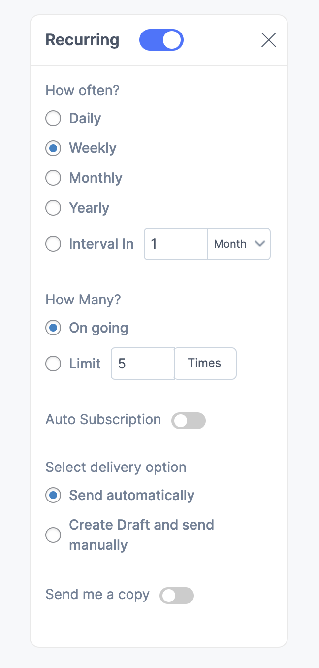 Propovoice recurring subscription in the invoice feature screenshot