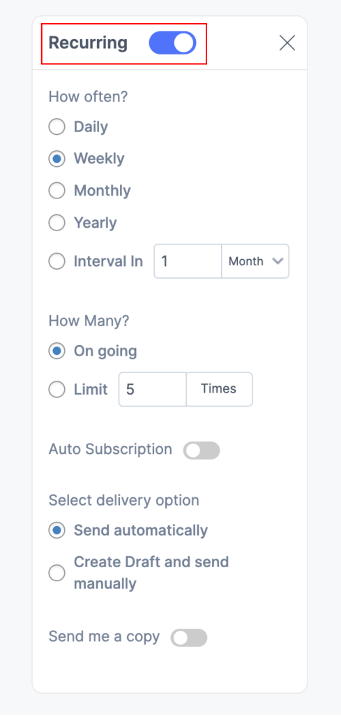 Propovoice recurring subscription settings for invoices