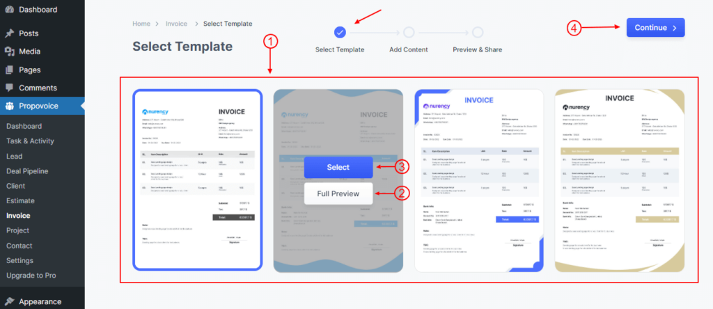 Select Template For Invoices Using Propovoice